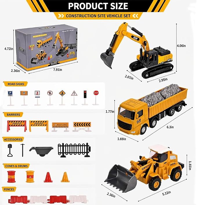Alloy Mini Construction Vehicles, 3Pcs Die-cast Metal Toy Set with Pull Back Action - Excavator, Dump Truck, Bulldozer for Toddlers & Kids 3 4 5 6 7 Years Old Boys Toys