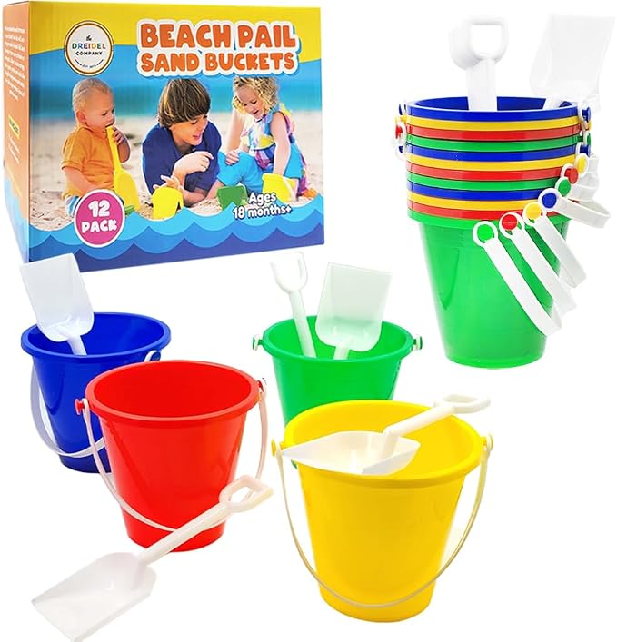The Dreidel Company Beach Day Playsets (Pack of 12) 5.25" Sand Bucket Play Set Box Includes, Pail & Shovel Sand Toy for Boys and Girls Birthday Party Favor