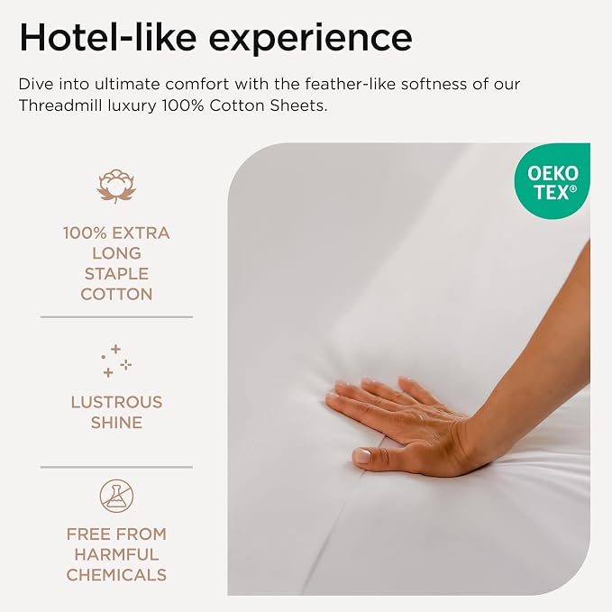 Threadmill 100% Cotton Sheets for Cal King Size Bed - 600 Thread Count Cal King Bed Sheets Set with 16” Deep Pocket - Sateen Weave 4-Piece Bedding Set with Cooling Effect, White