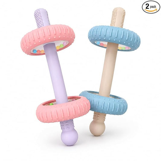 2 Pack Baby Teething Toys for 3-6 Months, Dumbbell Teether for Babies 6-12 Months, Silicone Baby Teether Toys with Textured Chew Surfaces, Rattle Baby Chew Toy for Infants (Blue & Pink)