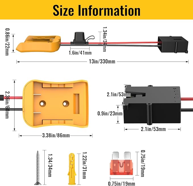 Azocek for Power Wheel Adapter Compatible with Dewalt 20V Battery with Wire Harness Connector Compatible with 12 Volt Power Wheel, 12AWG Wire with 40A Fuse