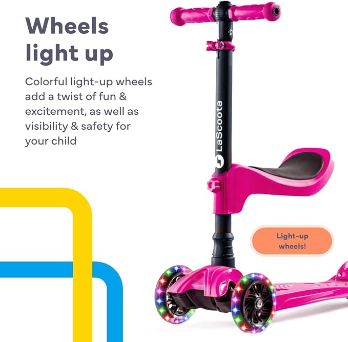 Lascoota 2-in-1 Kids Scooter with Seat - Adjustable Handlebar & 4 Heights Mini Scooter for Kids - LED Light-Up Wheels & Lean-to-Steer - Pink, 21.7 in L x 4.7 in W x 34 in H