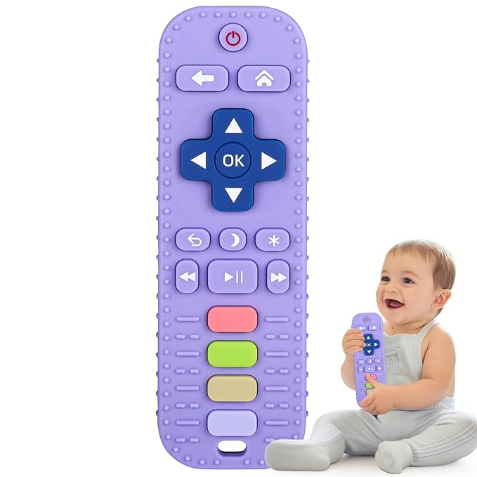 Fu Store Silicone Teething Toys for 0-24 Months Infant Toddlers, Remote Control Shape Teethers for Babies Chew Toys, Relief Soothe Babies Gums Set Dishwasher and Refrigerator Safe Purple