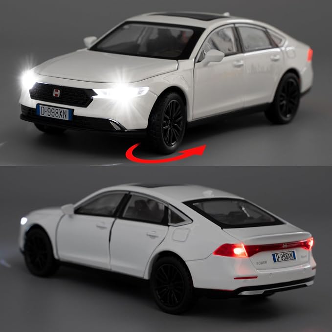 Collectible Toy Car Vehicle, 1:32 Scale Diecast Car Model with Lights and Sound, Alloy Pull Back Car for Kids Adults Birthday Gift (White)