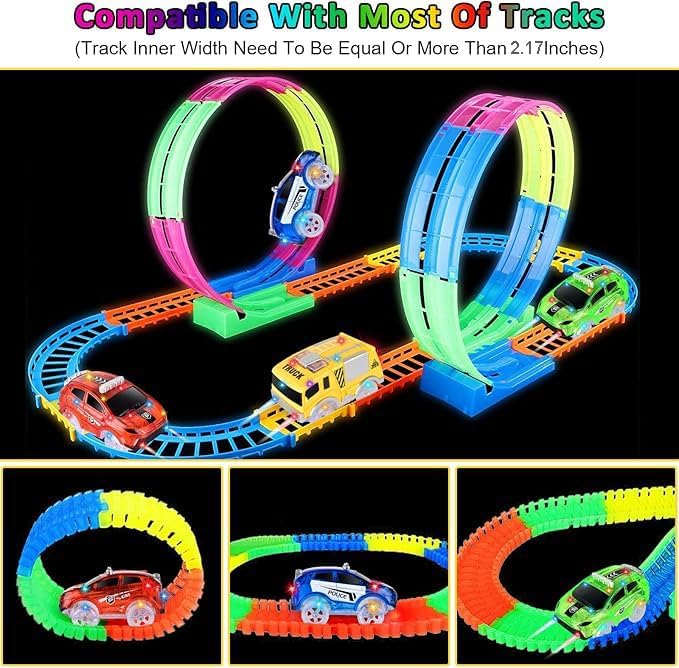 Tracks Cars Only Replacement, Flex Track Race cars for Magic Tracks Glow in the Dark with 5 Flashing LED Lights, Light Up Tracks Cars Compatible with Most Race Tracks for Kids (4pack) with Screwdriver