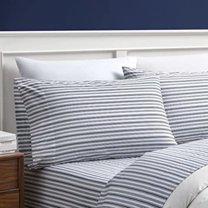 Nautica – Twin XL Size Sheet Set, Crisp Cotton Percale Bedding with Matching Pillowcase, Lightweight & Breathable Bed Sheets, Deep Pocket, College Dorm Room Essentials (Coleridge Stripe Grey)