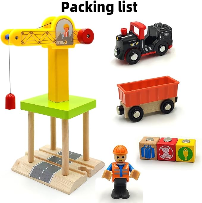 Wooden Train Track Accessories Wooden Crane Toy Set with Train Cars for 3 4 5 Year Old Boys Kids Other Major Wooden Rail Brands are Compatible (Multi-Function Crane)