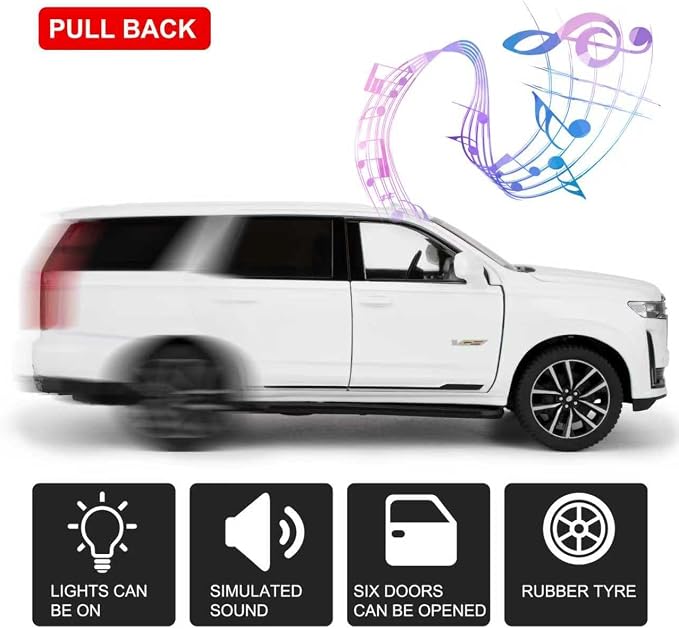 WAKAKAC Toy Car Compatible for 1:24 Escalade SUV Model Car, Alloy Pull Back Diecast Collectible Car with Sounds＆Lights for Kids Boys Girls and Adults, Gift White