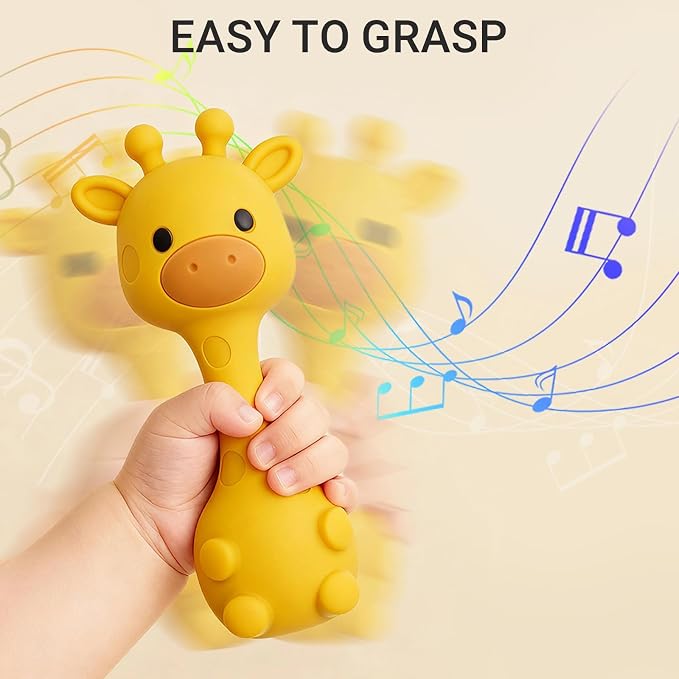 Giraffe Silicone Baby Teether Rattle Toy for 0-6 6-12 Months, BPA-Free Infant Teething Toy with Rattle Sound, Easy-Grip Design for Teething Relief (Dusty Blue)