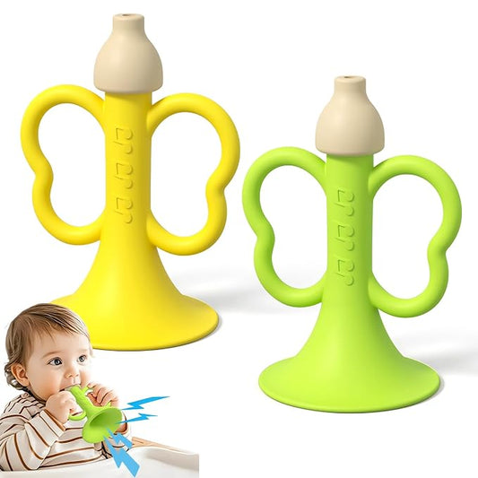 Baby Trumpet Toy 6-12 Months, Silicone Baby horn blowing toy with 2PCS yellow green for Teething Sensory play, Easy Grip Toddler whistle toys 0-6 Months Newborn Gift (Trumpet)
