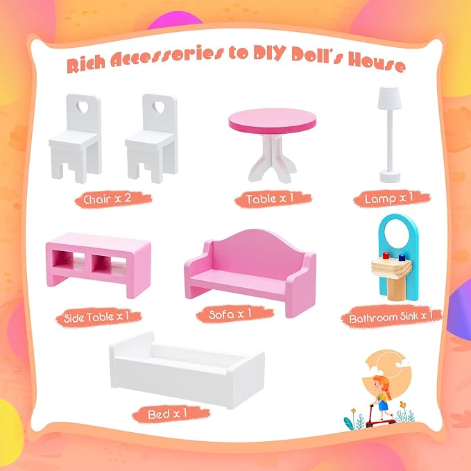 HONEY JOY Dollhouse with 8 Pcs Furniture, 3-Level Wooden Doll House, Pretend Play Kids Doll’s House, Princess Mini Toy House Furniture Playset, Gift for Little Girls(Pink, 2.8 FT)