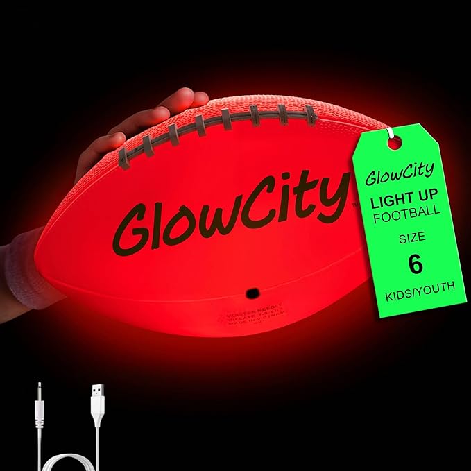 GlowCity Glow in The Dark Football - Size 3/6 Light Up Ball Gifts for Kids, Junior & Teens - Bright Football for Night Outdoor Games - Sports Birthday Gift Ideas for Boys Ages 6 7 8 9 10 11 12 13 14