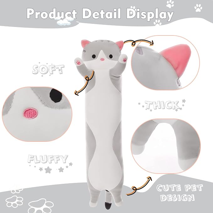 Long Cat Plush Pillow, 51in Cute Cat Plushie Stuffed Animals Body Pillow, Grey Kawaii Kitten Soft Plushie Doll Toy Birthday Gift for Children Girlfriend