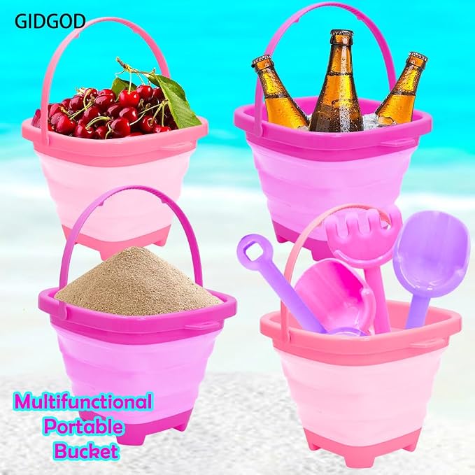 Beach Sand Molds Toys for 2-4 Years Old Girls Kids|Collapsible Sand Bucket Sandbox Toys|Pink Shovels|Sunglasses&Mesh for 3-5 Years Old Toddlers|Travel Sand Toys for Beach Camping