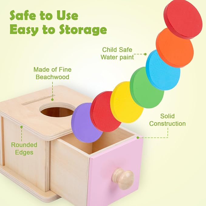 Adena Montessori Coin Box, 2 in 1 Object Permanence Box with Ball and Wooden Discs, Developmental Toys for 6-12 Month Infants, Learning Gifts for 1 Year Old Baby (Pink Door)