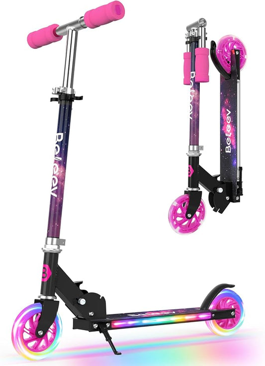 BELEEV V1 Scooters for Kids, 2 Wheel Folding Kick Scooter for Girls Boys, 3 Adjustable Height, Light Up Wheels, Lightweight Scooter with Sturdy Frame, Kickstand for Children 3 to 12 Years Old