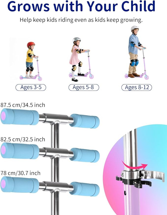 BELEEV V1 Scooters for Kids, 2 Wheel Folding Kick Scooter for Girls Boys, 3 Adjustable Height, Light Up Wheels, Lightweight Scooter with Sturdy Frame, Kickstand for Children 3 to 12 Years Old