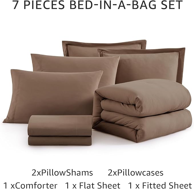 WRENSONGE King Size Comforter Set- 7 Pieces Soft Brown Bed in a Bag King with Fitted Sheet, Flat Sheet, 2 Pillow Shams, and 2 Pillowcases-Warm Bedding Sets for All Season