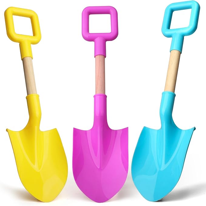 Umnodobn Beach Sand Toys 16" Shovels for Kids Adults, 16 Inch Spade Scoop Gardening Tools, Sandbox Kit Wood Handle Spade for Garden Outdoor Snow Backyard Summer 3 Gift Pack Pink Yellow Blue