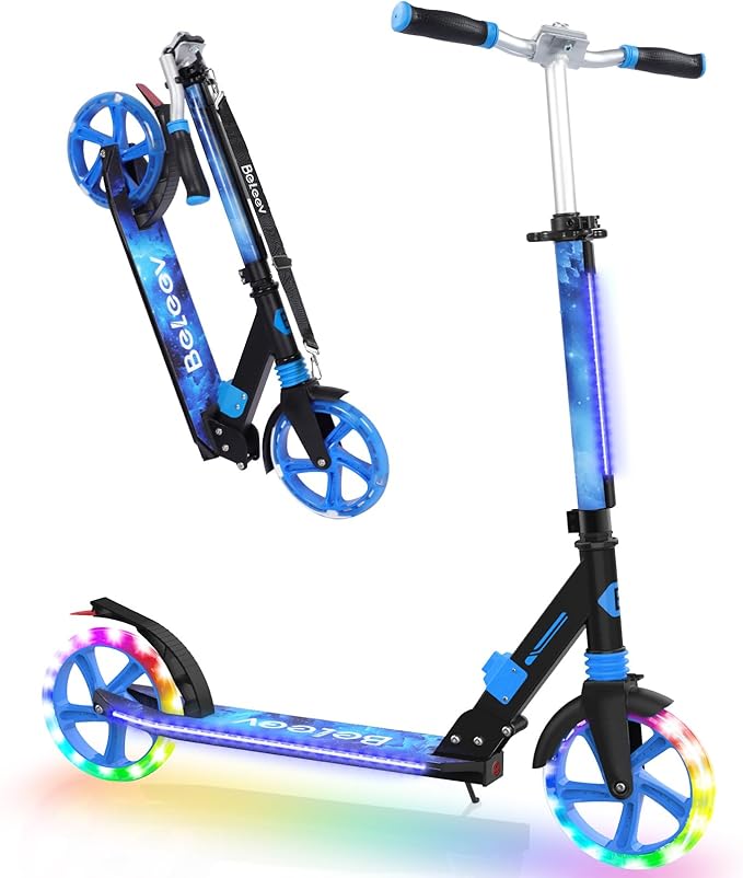 BELEEV V8 Scooters for Kids Ages 6+ with Light-Up Deck, 2 Wheel Folding Scooter for Kids, 4 Adjustable Height, Lightweight Sport Commuter Scooter, Sturdy Frame