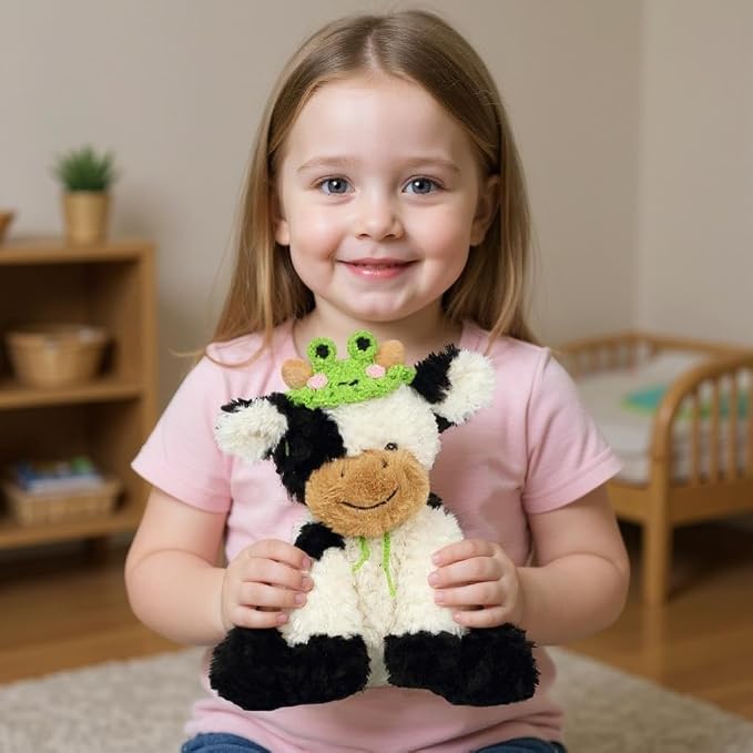Hopearl Adorable Plush Cow Toy with Cute Tiny Knitted Frog Hat Floppy Dairy Cattle Soft Kawaii Stuffed Animal Birthday Holiday Gift for Boys Girls Kids Toddlers, 9''