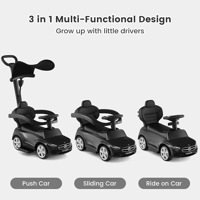 OLAKIDS Push Car for Toddlers, 3 in 1 Licensed Mercedes Benz Baby Sliding Walking with Parent Control Handle Adjustable Canopy Guardrail Under Seat Storage, Kids Ride on Toys with Horn (Dark)