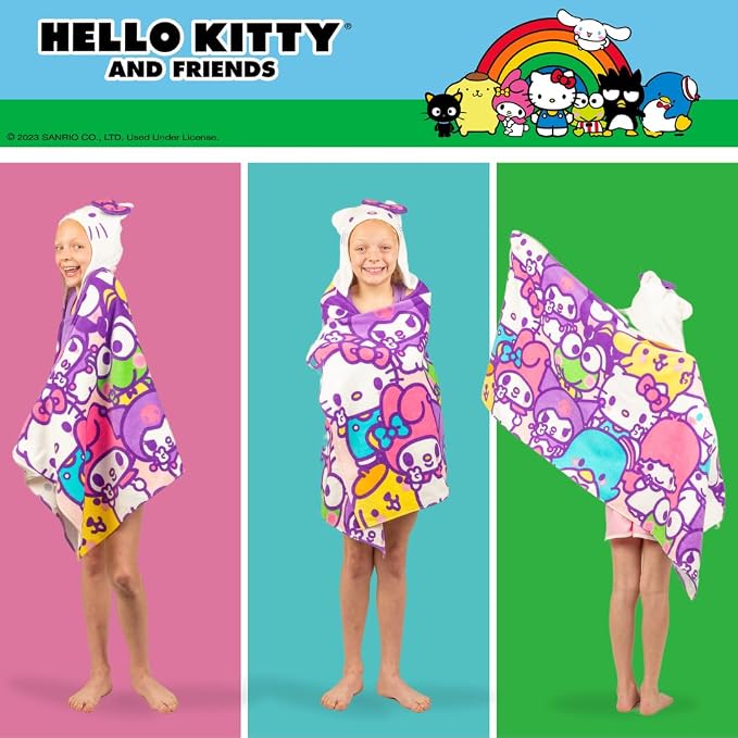 Hello Kitty & Friends Kids Super Soft Bath/Pool/Beach Soft Cotton Terry Hooded Towel Wrap, 24 in x 50 in, (Officially Licensed Product) By Franco