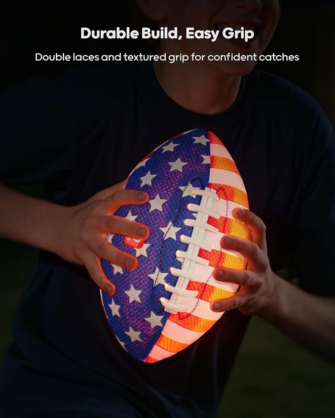 QPAU Glow in the Dark Football – Size 3 for Kids Ages 6-12, Strong Grip Light Up Night Game Ball, Backyard Camping Outdoor Toy, Pump and Batteries Included, Birthday for Boys Girls