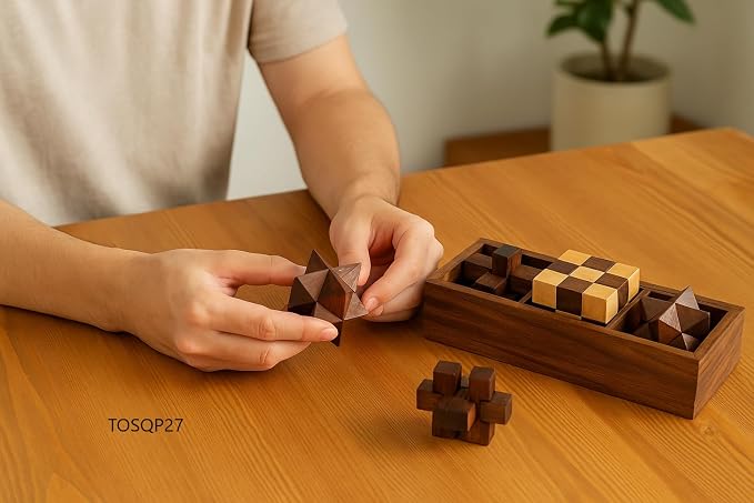 TOSQP27 Gift Wooden Brain Teaser Puzzle Set for Adults & Teens – 3-in-1 Interlocking Burr, Snake Cube & Star Puzzle with Handmade Wooden Storage Box – Mind Challenge Logic Game