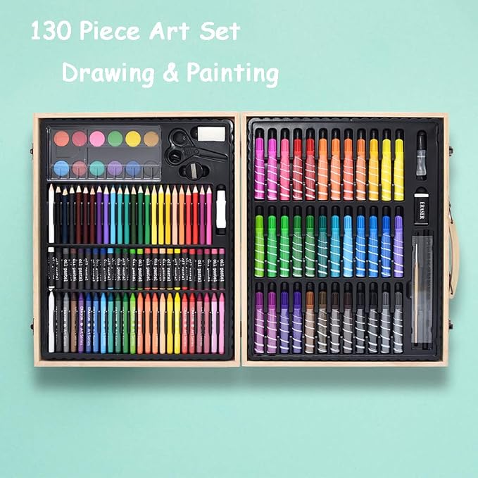 Darnassus 130-Piece Art Set, Deluxe Professional Color Set, with Compact Portable Wooden Case, Art Kit Gift for 4-12 Age