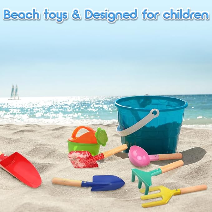 Beach Toys for Kids,Beach Sand Toys, 8'' Metal Sandbox Toys with Sturdy Wooden Handle,Safe Beach Gardening Set,Spoon, Fork, Trowel, Rake & Shovel for Kids，Snow Shovel（6 pcs）