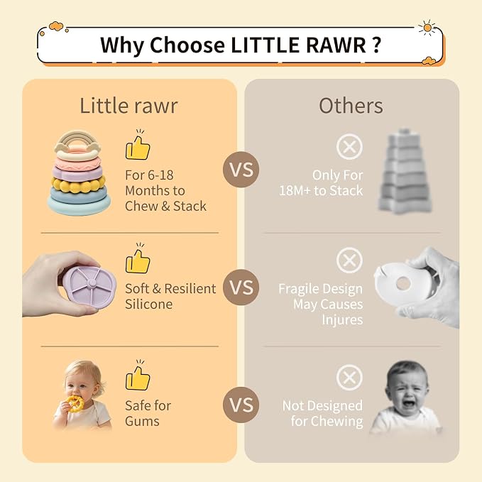 LITTLE RAWR 2-IN-1 Baby Stacking Rings & Teething Toys, Food Grade Silicone Montessori Stacking Toy for Babies 6-12 Months, Sensory Learning & Fine Motor Skills Toy, Baby Gift for Boys Girls (Rainbow)