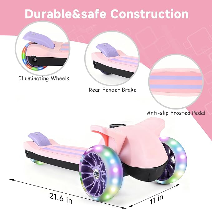 2 in 1 Kick Scooter with Removable Seat, 3 LED Wheels Kick Scooter for Kids, 4 Adjustable Height & Foldable Design Toddler Scooters Sit or Stand Ride for Boys & Girls 2-10 Years Old