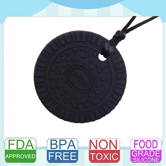 Chew Necklaces for Sensory Kids, Silicone Chewable Pendant for Autism, Chewing, ADHD, SPD, Sensory Oral Motor Aids for Boys and Girls, Chewy Toy for Adults (Black)