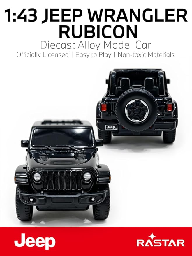 RASTAR 1/43 Diecast Model Car Jeep Wrangler Rubicon, Durable, 59000 | Officially Licensed, Ideal Gift, Zinc Alloy, Smooth Rolling Wheels, Great for Play & Display for Kids & Car Lovers Ages 3+
