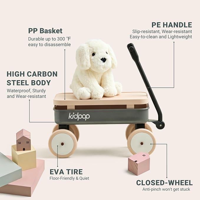 Kidpop Kids First Pull-Along Wagon with Removable Cover and Basket for Storage, 4-in-1 Push Pull Toy Cart for Toddlers, Lightweight (5.5 lbs), 1st Birthday Gift (Grey)