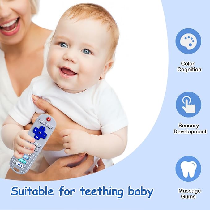 3 Pack Remote Control Shape Silicone Teethers for Babies Chew Toys, Teething Toys for Infant Toddlers,Baby Remote Control Toy (Blue&Grey&Beige)
