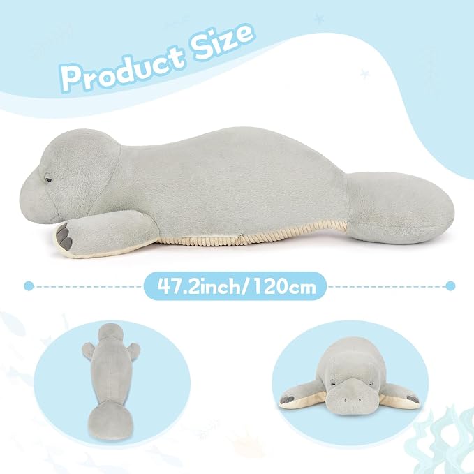 MorisMos 47 Inch Giant Manatee Stuffed Animal, Grey Manatee Plush Toy, Soft Sea Cow Plush Body Pillow for Sleeping, Cuddles & Home Decor, Christmas Birthday Gift for Kids Adults
