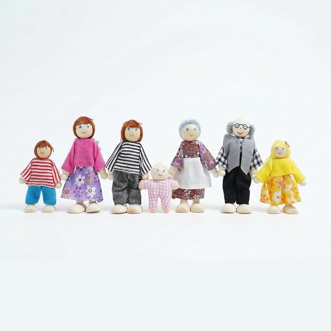 7PCS Wooden Dollhouse Dolls for Playing House Gifts for Children, Wood, Articulated Pretend Play Figures, Smooth Splinter-Free Wood, Montessori Family Set - 4.5In (Classic)