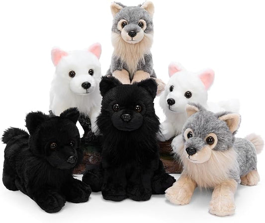 Tezituor 6 Pack Wolf Stuffed Animals, 10 Inch Wolf Plush Toys Bulk, Soft Stuffed Wolves in Assorted Colors and Poses, Forest Animal Plushies for Kids, Birthday Gifts, Party Favors