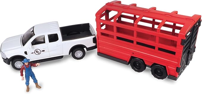 Big Country Toys: Truck & Cattle Trailer Adventure - 18pc Farm Toy Playset, Light-Sound White Pickup, Articulated Animals & Rancher Figure, Kids 3+