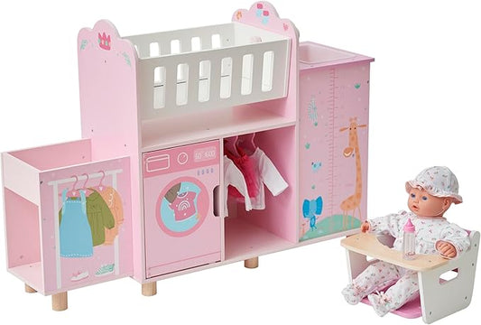 Olivia's Little World Amanda 6-in-1 Wooden Doll Nursery Station, Pink/Multi | Rocking Cradle, High Chair, Storage, Washing Machine and Sink, For 3 yrs and up