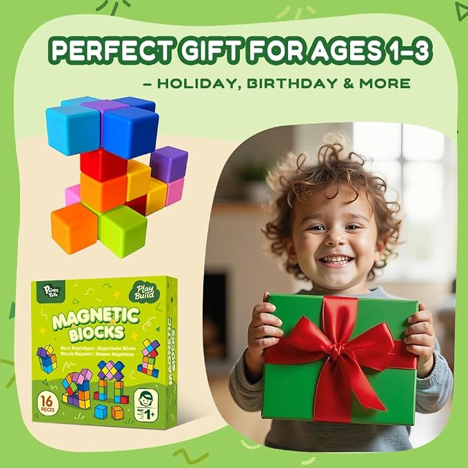 Pairez Toys Magnetic Blocks, Large Magnetic Building Blocks for Toddlers, 1.65 Inch 3D Magnet Cubes in 8 Colors, Montessori & Sensory Stacking Toy Gift for Kids Ages 1-3 (16PCS)
