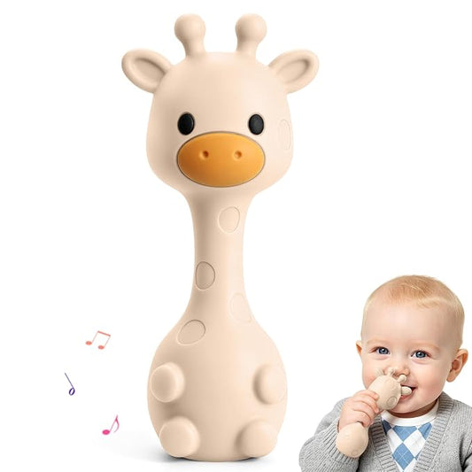 Baby Teething with Rattle Toys 3-6 6-12 Months, BPA Free Silicone Baby Teether, Infant Chew Toys for Teething Relief, Baby Gifts for Newborn Boys Girls, Easy-Grip, Beige