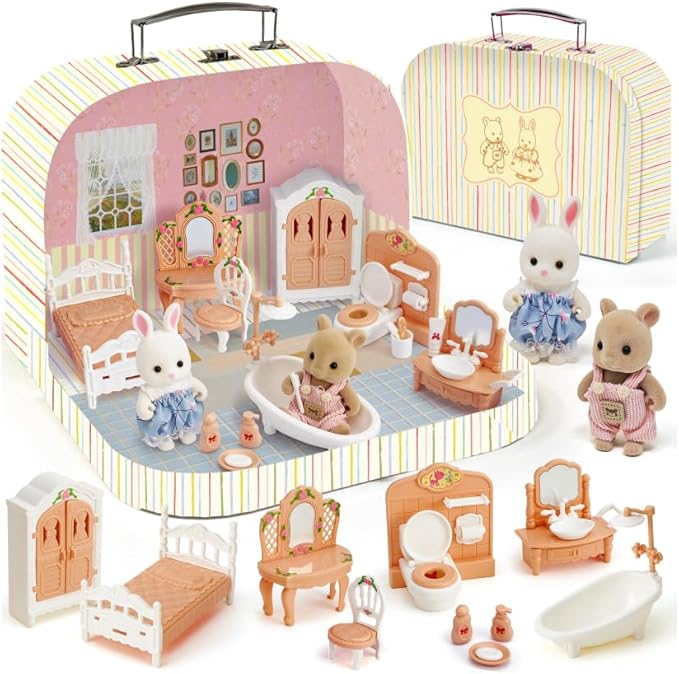TUZT Suitcase Dollhouse Furniture Set for Kids, Mini Dollhouse Box with 2 Flexible Dolls and Bedroom&Bathroom Furnitures, Pretend Play Accessories Christmas Birthday Gift for Toddlers Ages 3+