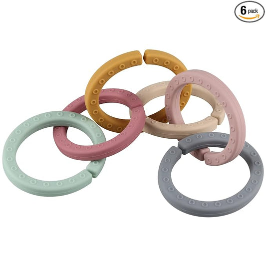 Baby Linkable Rings Set and Silicone Baby Teethers - Attach to Strollers, Car Seats & More - Food Grade Silicone, BPA & Phthalate Free (Set of 6)
