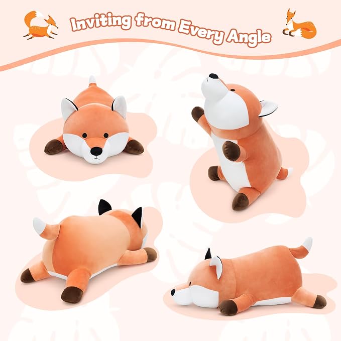 MorisMos 23.6" Red Fox Stuffed Animal, Cute Fox Plush Pillow, Fluffy Fox Pillow for Sleeping, Squishy Cuddle Buddy and Supportive Lumbar Cushion, Christmas Valentine’s Birthday Gift for Kids & Adults