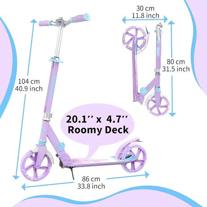 BELEEV V8 Scooters for Kids Ages 6+ with Light-Up Deck, 2 Wheel Folding Scooter for Kids, 4 Adjustable Height, Lightweight Sport Commuter Scooter, Sturdy Frame