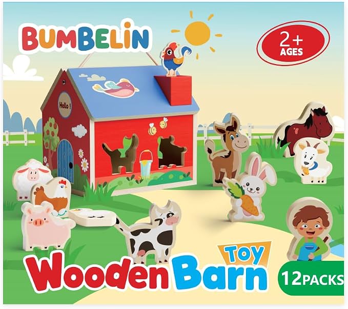 Wooden Barn Shape Sorter Montessori Farm Animal Toys for Toddlers, Educational Pretend Play Barn with Flip-Open Roof & Handle, 12 Animal Blocks, Birthday for 2-4 Boys Girls