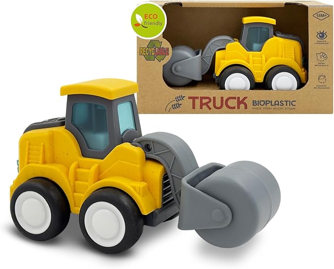 Construction Toys for Toddlers 1-3 Years Old, Press and Go Road Roller Truck Sand Toys with Movable Arm, Safe Wheat Straw Material, Birthday for Boys and Girls